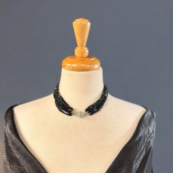 Faceted Black Glass Bead Multi-Strand Necklace with Rhinestone Magnetic Clasp - Picture 3 of 4